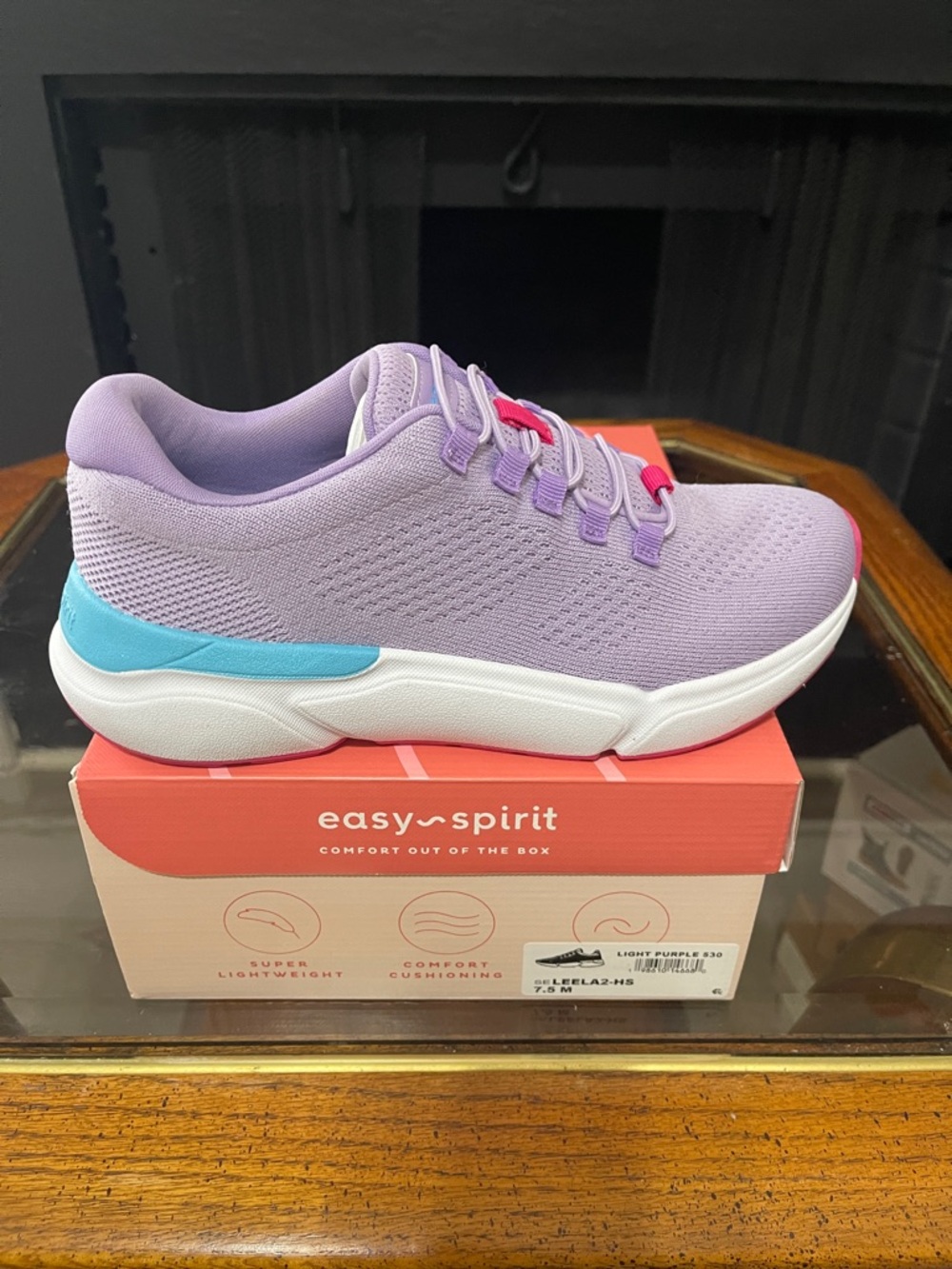 Easy Spirit Lilac Knit Slip-On Sneaker with Aqua Heel and Pink Accents